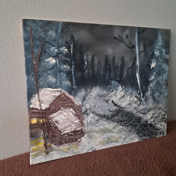 Bob Ross Inspired Oil Paint Hand Painted Canvas Cadin In The Woods Cold - Picture 2 of 4